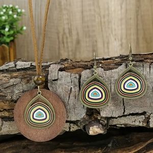 Necklace and Multi-Color Earring Set Wood Leather Cord Burnished Gold